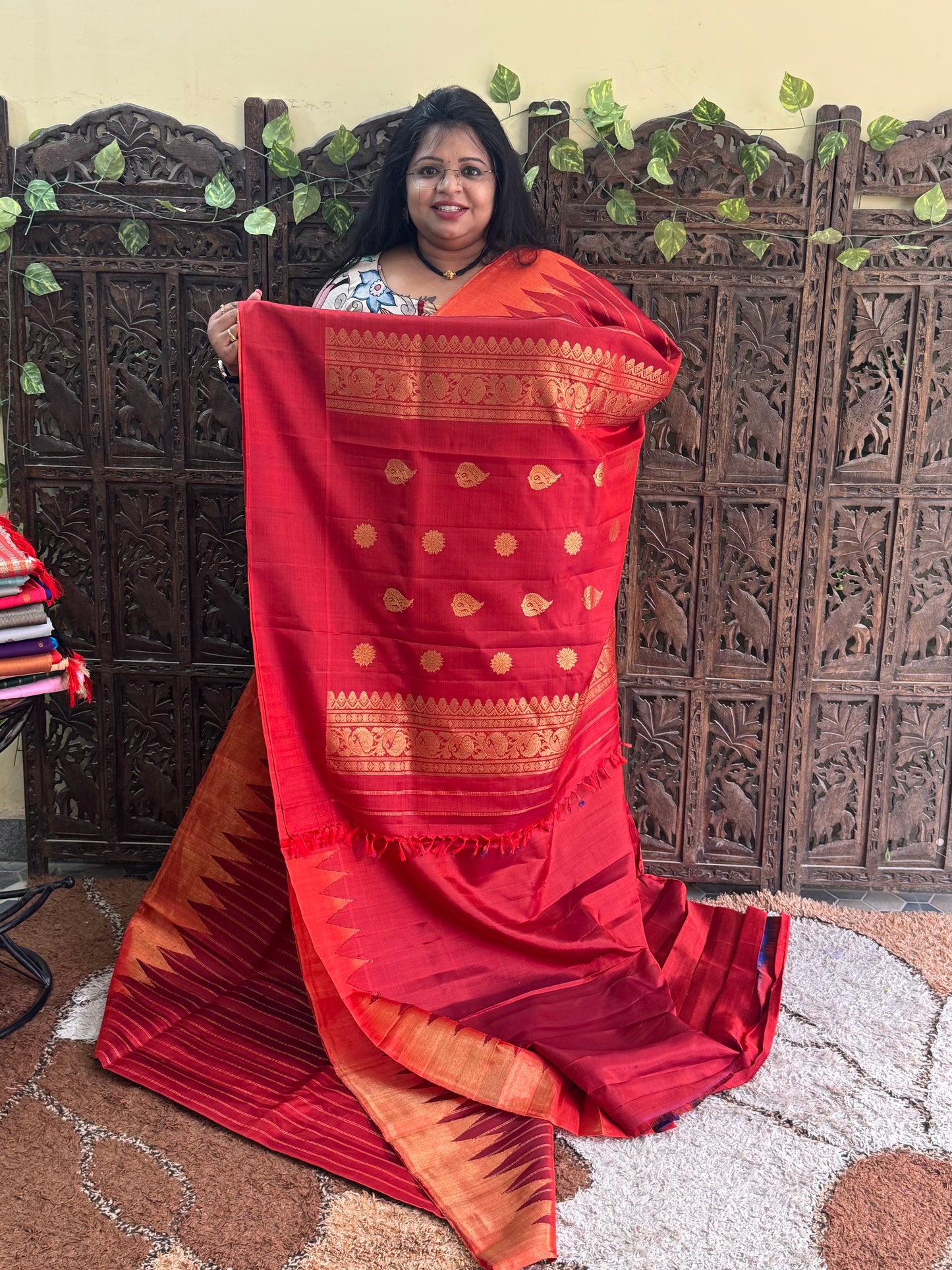 Red Gadwal Silk Saree with Gold Zari Border — Pure Handloom | Silk Mark Certified