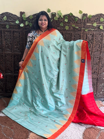 Sea Green Gadwal Silk Saree with Gold Zari Border — Pure Handloom | Silk Mark Certified