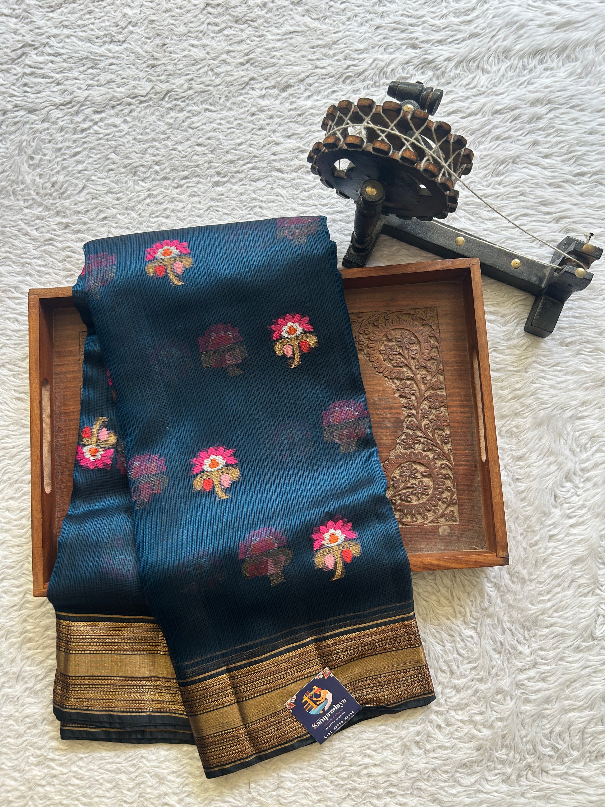 Silk kota Saree Dark Blue colored Complemented with a Zari Border. - Sampradaya Designer Studio