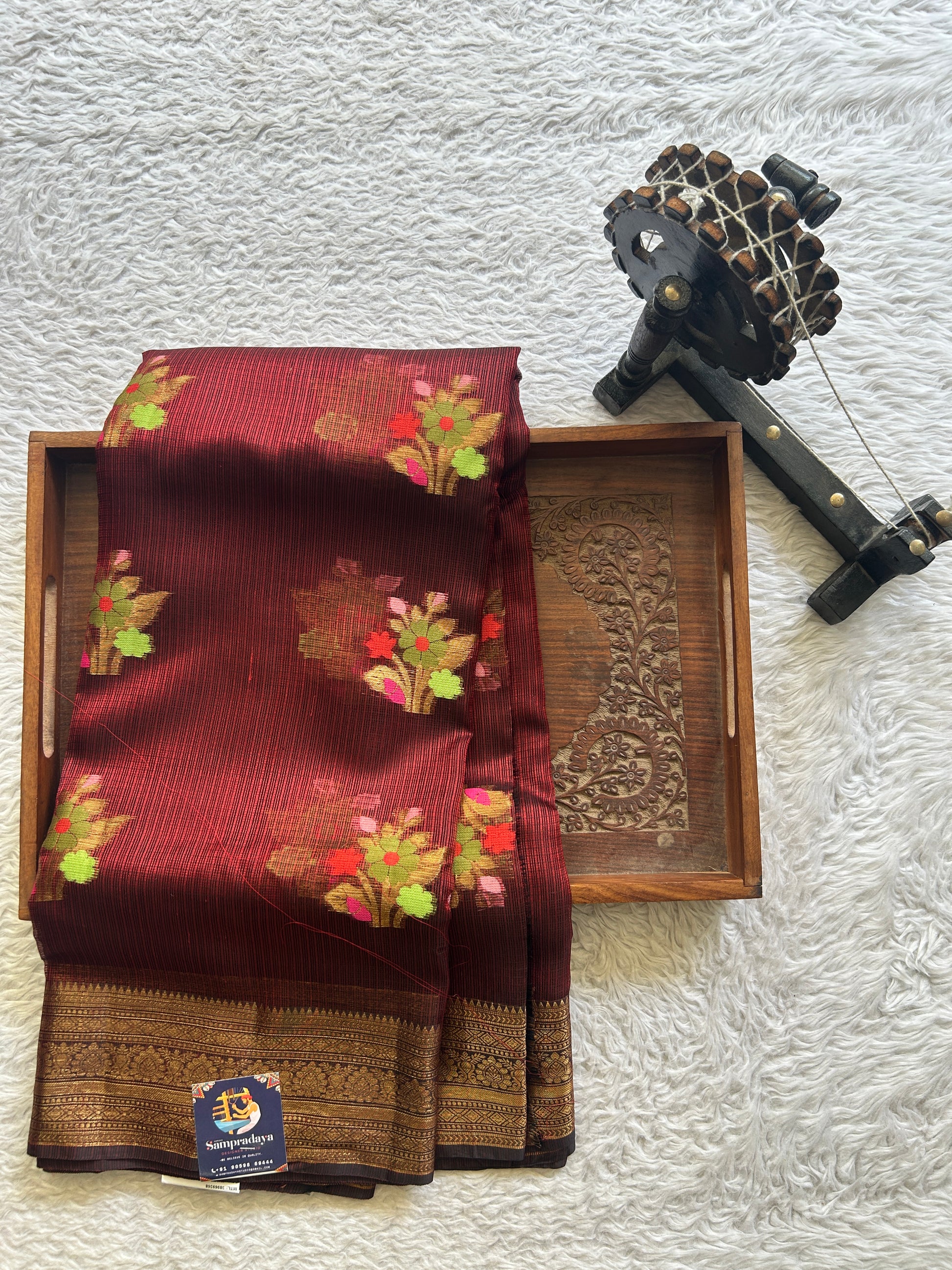 Silk kota Saree Maroon colored Complemented with a Zari Border. - Sampradaya Designer Studio