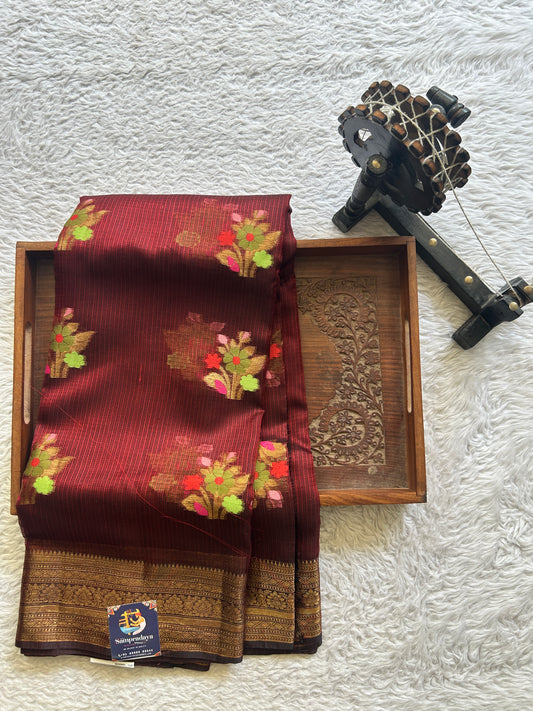 Silk kota Saree Maroon colored Complemented with a Zari Border. - Sampradaya Designer Studio