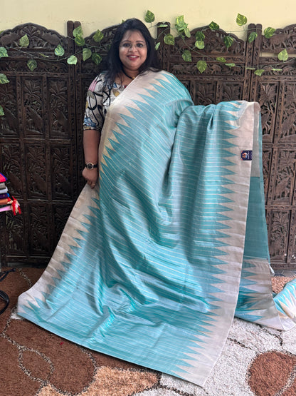 Sea Blue Gadwal Silk Saree with Gold Zari Border — Pure Handloom | Silk Mark Certified