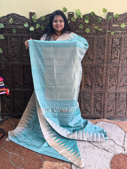 Sea Blue Gadwal Silk Saree with Gold Zari Border — Pure Handloom | Silk Mark Certified