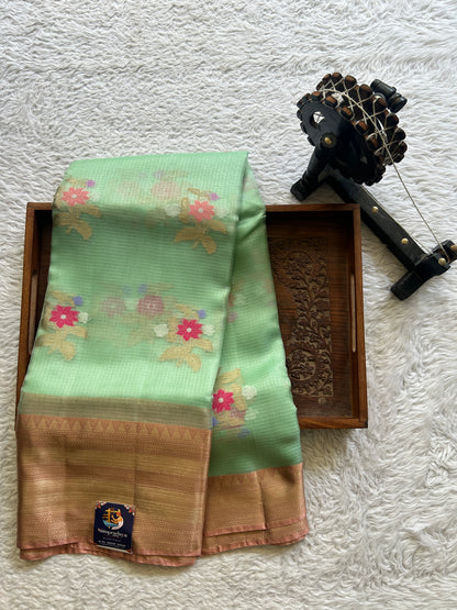 Silk kota Saree Pastel Green colored Complemented with a Zari Border. - Sampradaya Designer Studio