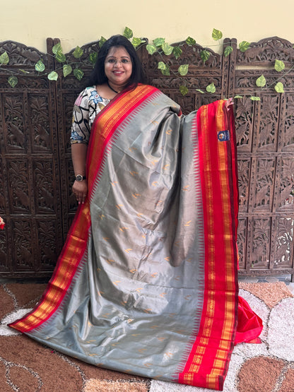Gray Gadwal Silk Saree with Gold Zari Border — Pure Handloom | Silk Mark Certified