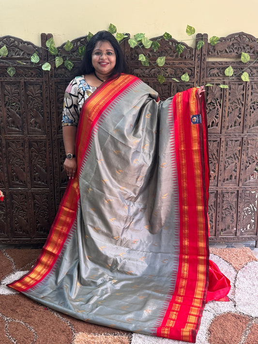 Gray Gadwal Silk Saree with Gold Zari Border — Pure Handloom | Silk Mark Certified