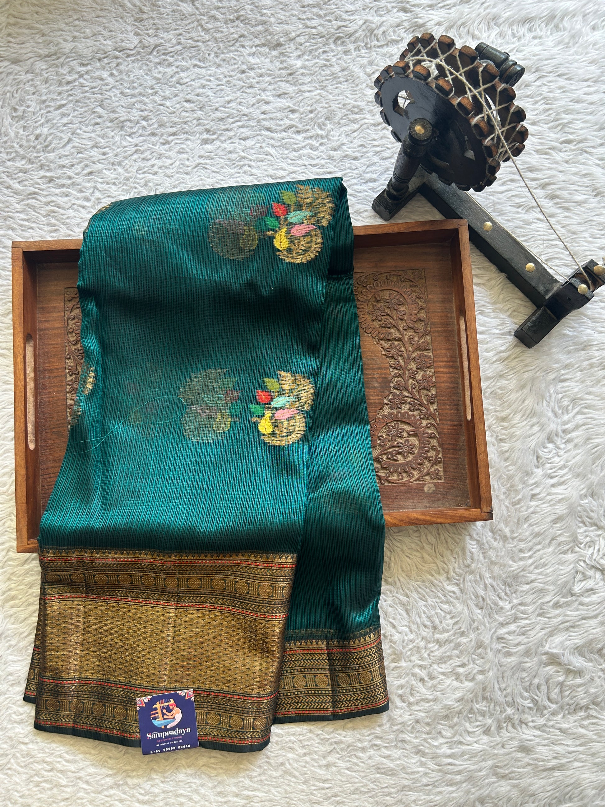 Silk kota Saree  Peacock Blue colored Complemented with a Zari Border. - Sampradaya Designer Studio