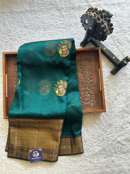 Silk kota Saree  Peacock Blue colored Complemented with a Zari Border. - Sampradaya Designer Studio