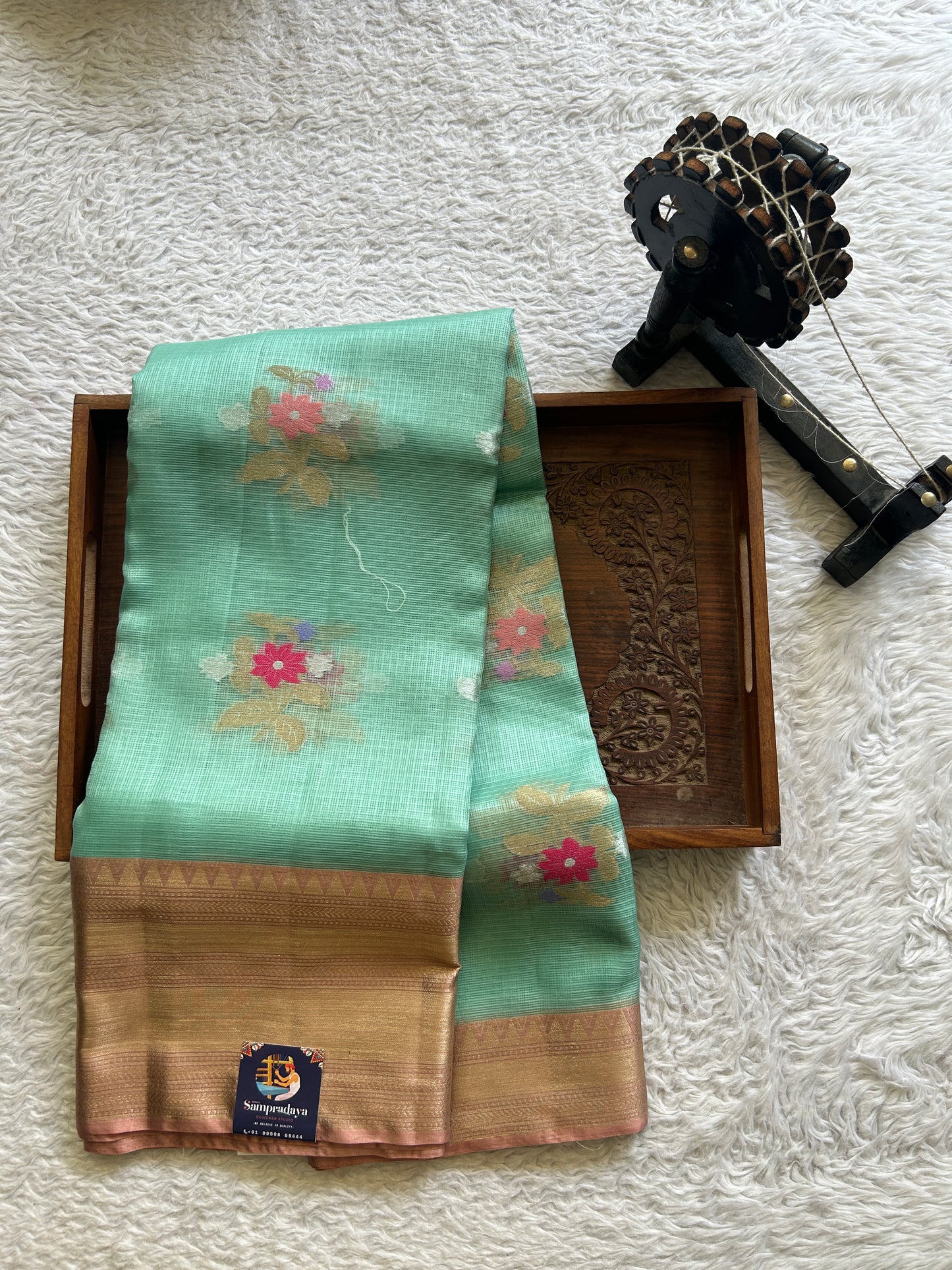 Silk kota Saree Light Sea Blue colored Complemented with a Zari Border. - Sampradaya Designer Studio