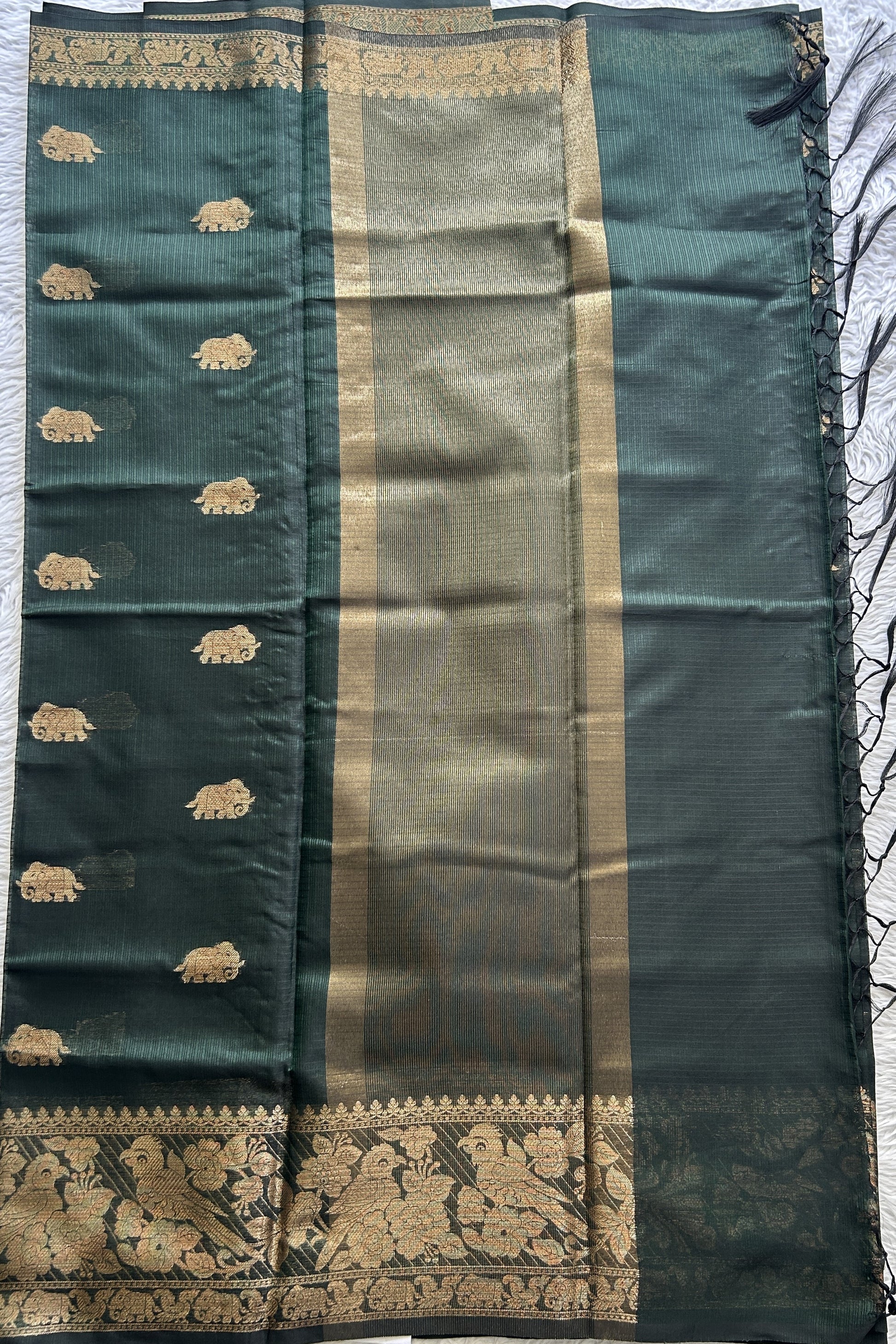 Silk kota Saree Bottle Green colored Complemented with a Zari Border. - Sampradaya Designer Studio