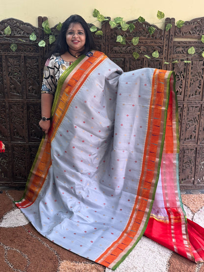 Gray Gadwal Silk Saree with Gold Zari Border — Pure Handloom | Silk Mark Certified