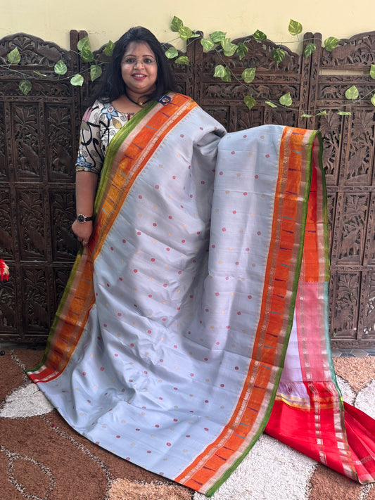 Gray Gadwal Silk Saree with Gold Zari Border — Pure Handloom | Silk Mark Certified