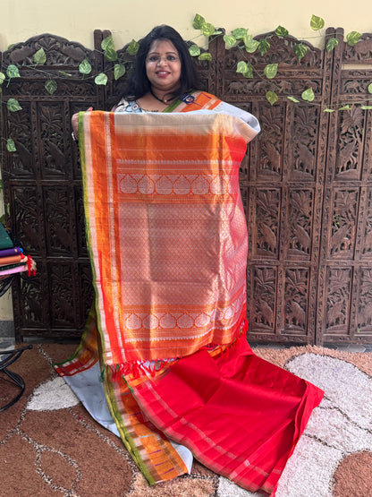 Gray Gadwal Silk Saree with Gold Zari Border — Pure Handloom | Silk Mark Certified