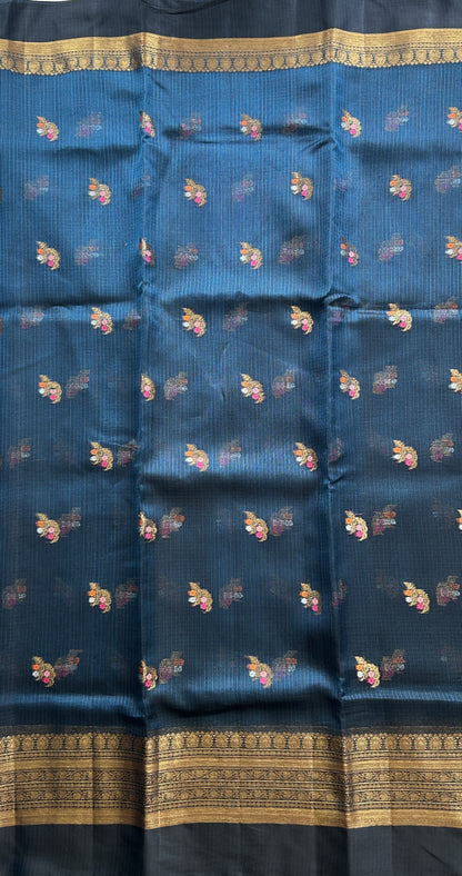 Silk kota Saree Blue colored Complemented with a Zari Border. - Sampradaya Designer Studio