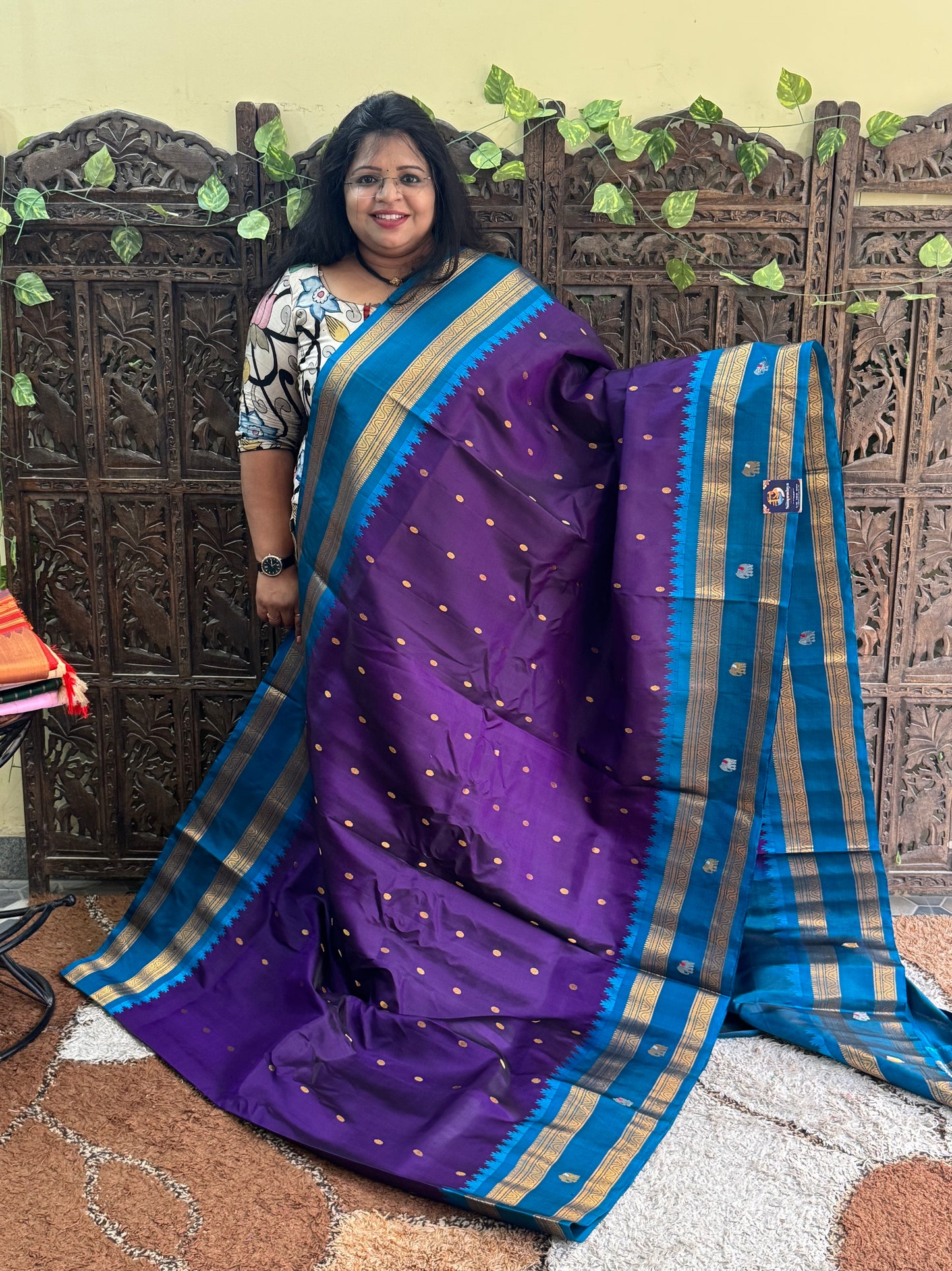 Purple Gadwal Silk Saree with Gold Zari Border — Pure Handloom | Silk Mark Certified