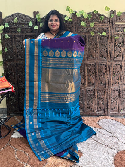 Purple Gadwal Silk Saree with Gold Zari Border — Pure Handloom | Silk Mark Certified