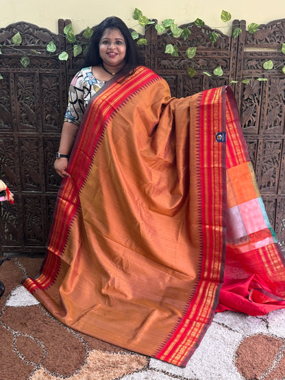 Orange Gadwal Silk Saree with Gold Zari Border — Pure Handloom | Silk Mark Certified