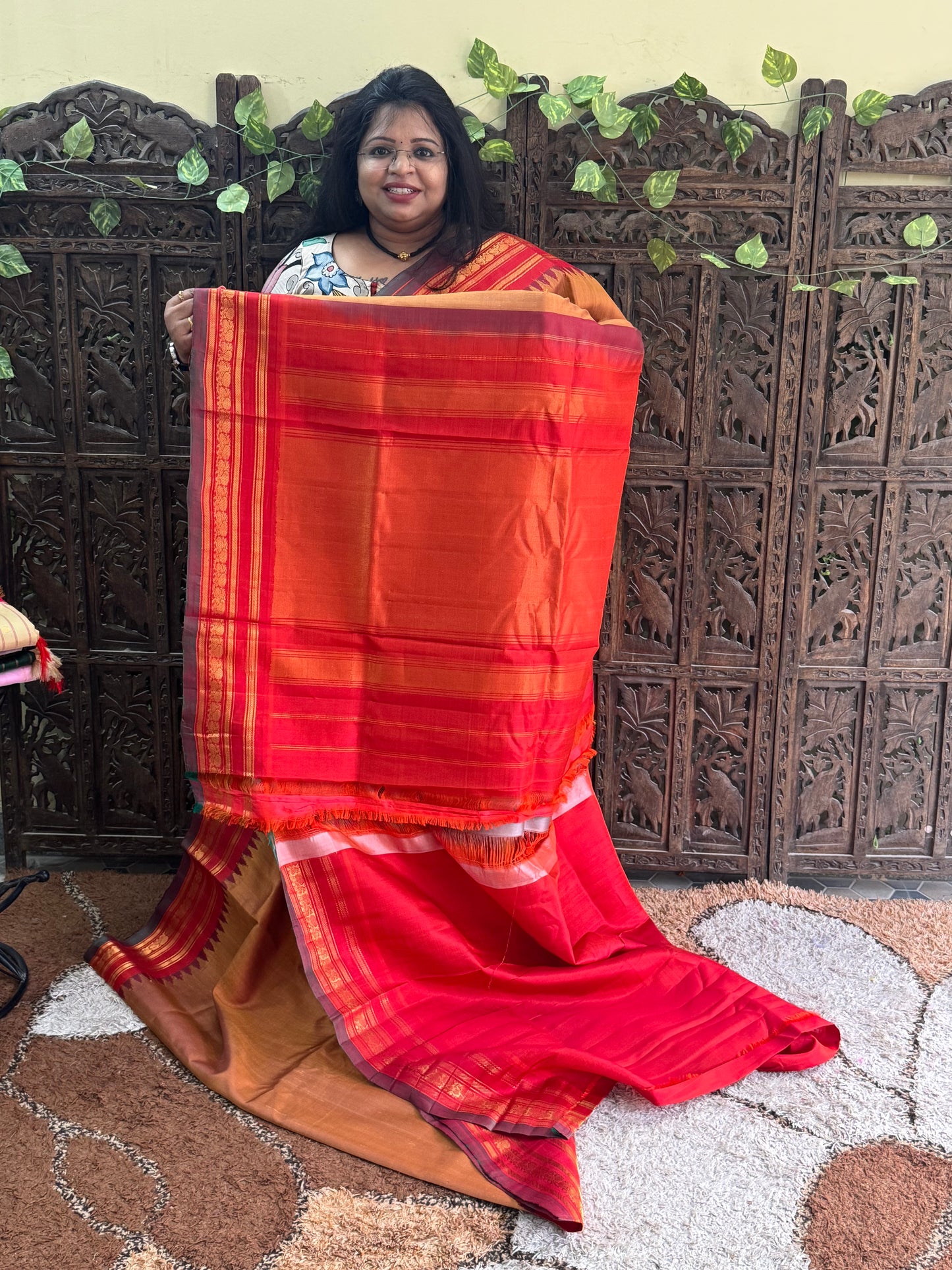Orange Gadwal Silk Saree with Gold Zari Border — Pure Handloom | Silk Mark Certified
