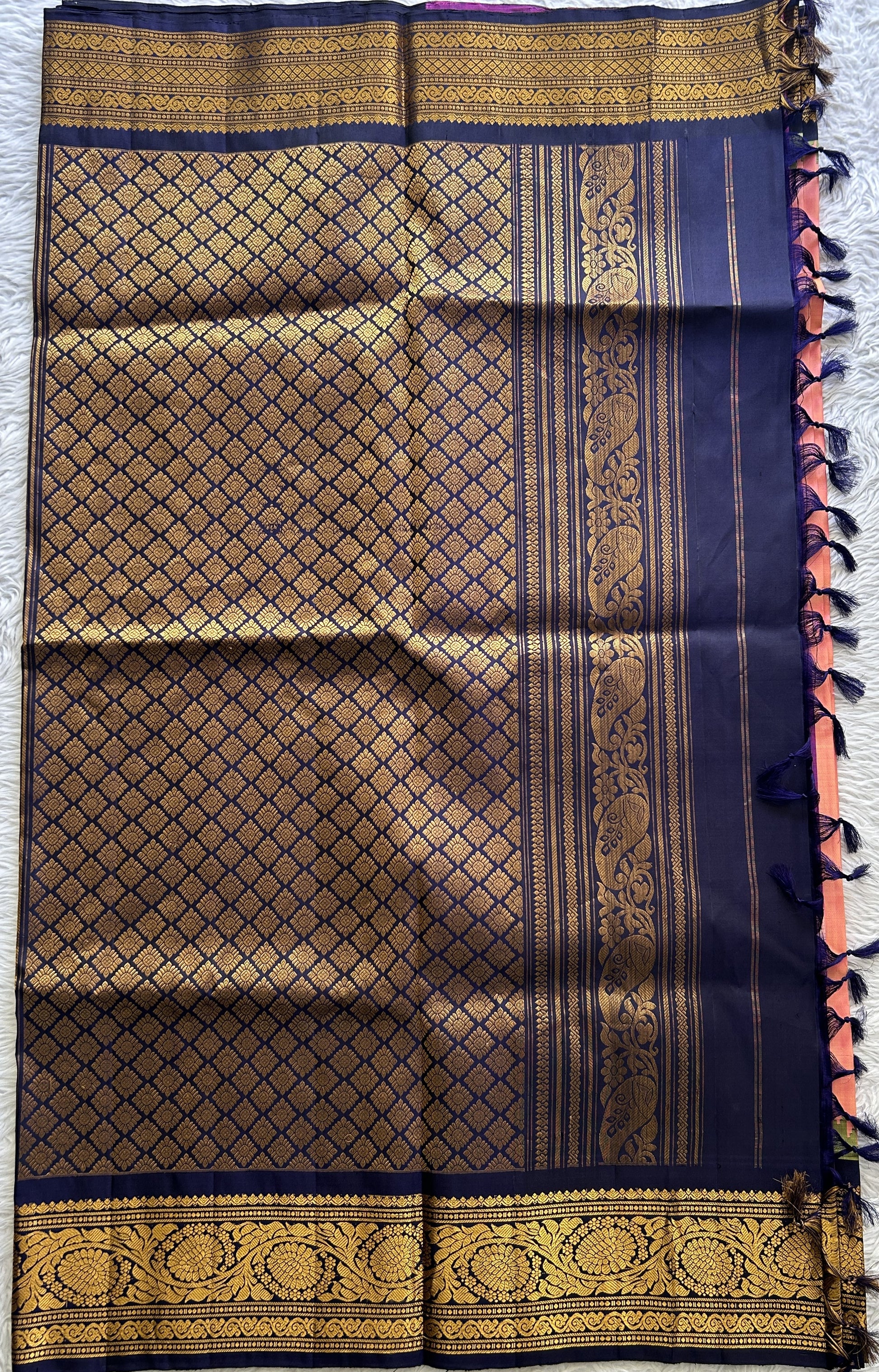 Gadwal Silk Saree Peach Colored Complemented With a Ink Blue Color Zari Border - Sampradaya Designer Studio