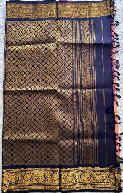 Gadwal Silk Saree Peach Colored Complemented With a Ink Blue Color Zari Border - Sampradaya Designer Studio