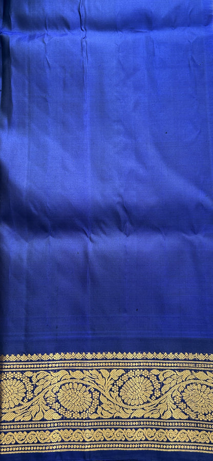 Gadwal Silk Saree Peach Colored Complemented With a Ink Blue Color Zari Border - Sampradaya Designer Studio