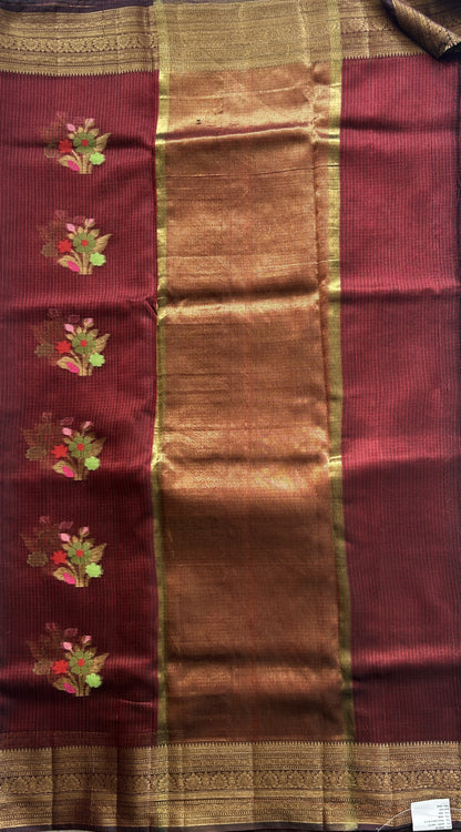 Silk kota Saree Maroon colored Complemented with a Zari Border. - Sampradaya Designer Studio