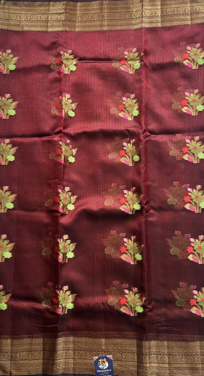 Silk kota Saree Maroon colored Complemented with a Zari Border. - Sampradaya Designer Studio