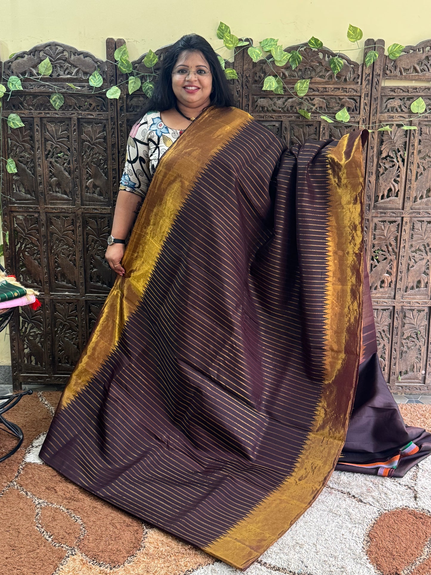 Brown Gadwal Silk Saree with Gold Zari Border — Pure Handloom | Silk Mark Certified