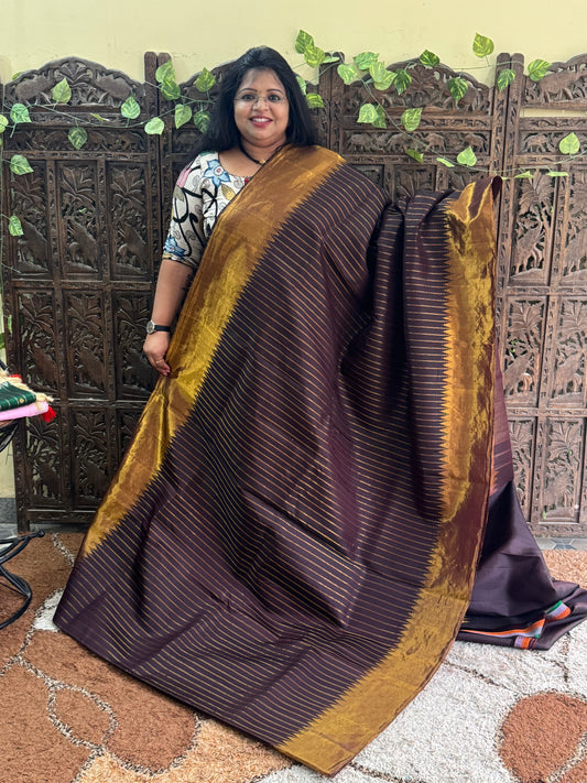 Brown Gadwal Silk Saree with Gold Zari Border — Pure Handloom | Silk Mark Certified