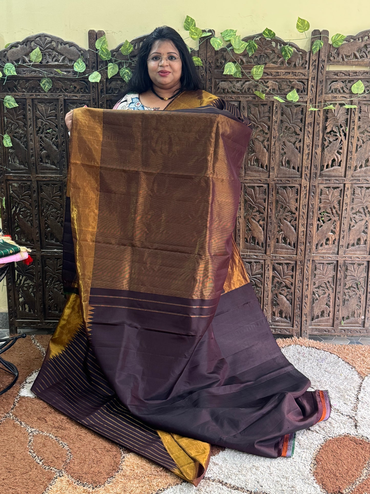 Brown Gadwal Silk Saree with Gold Zari Border — Pure Handloom | Silk Mark Certified
