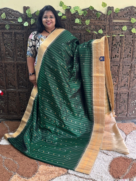Green Gadwal Silk Saree with Gold Zari Border — Pure Handloom | Silk Mark Certified