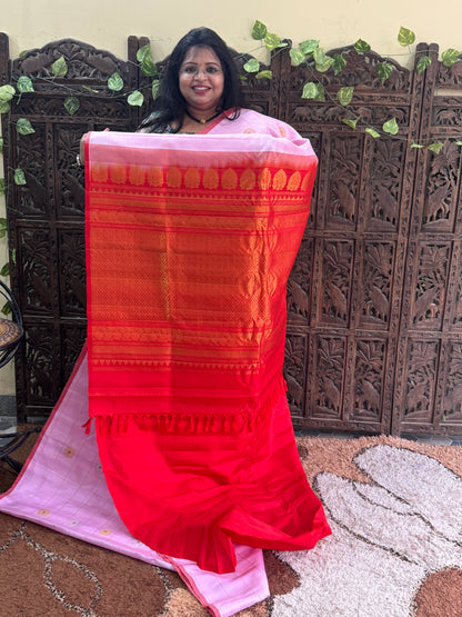 Baby Pink Gadwal Silk Saree with Gold Zari Border — Pure Handloom | Silk Mark Certified