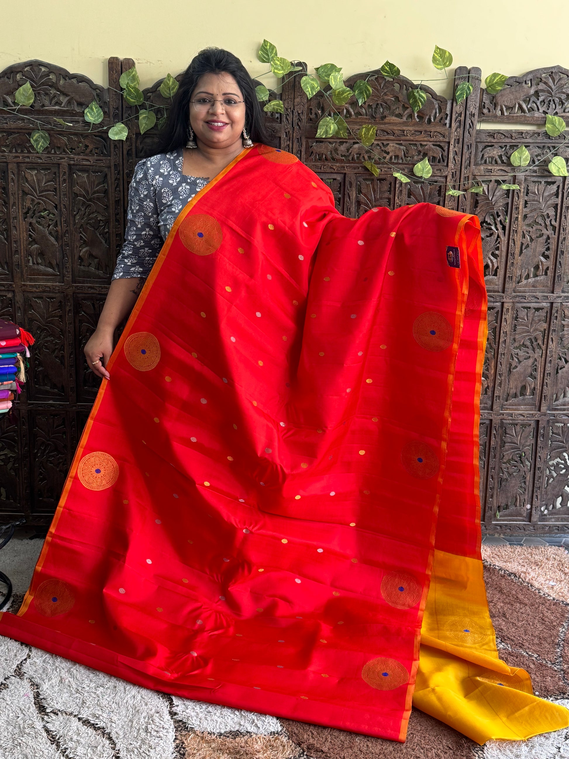 Red Gadwal Silk Saree with Gold Zari Border — Pure Handloom | Silk Mark Certified - Sampradaya Designer Studio