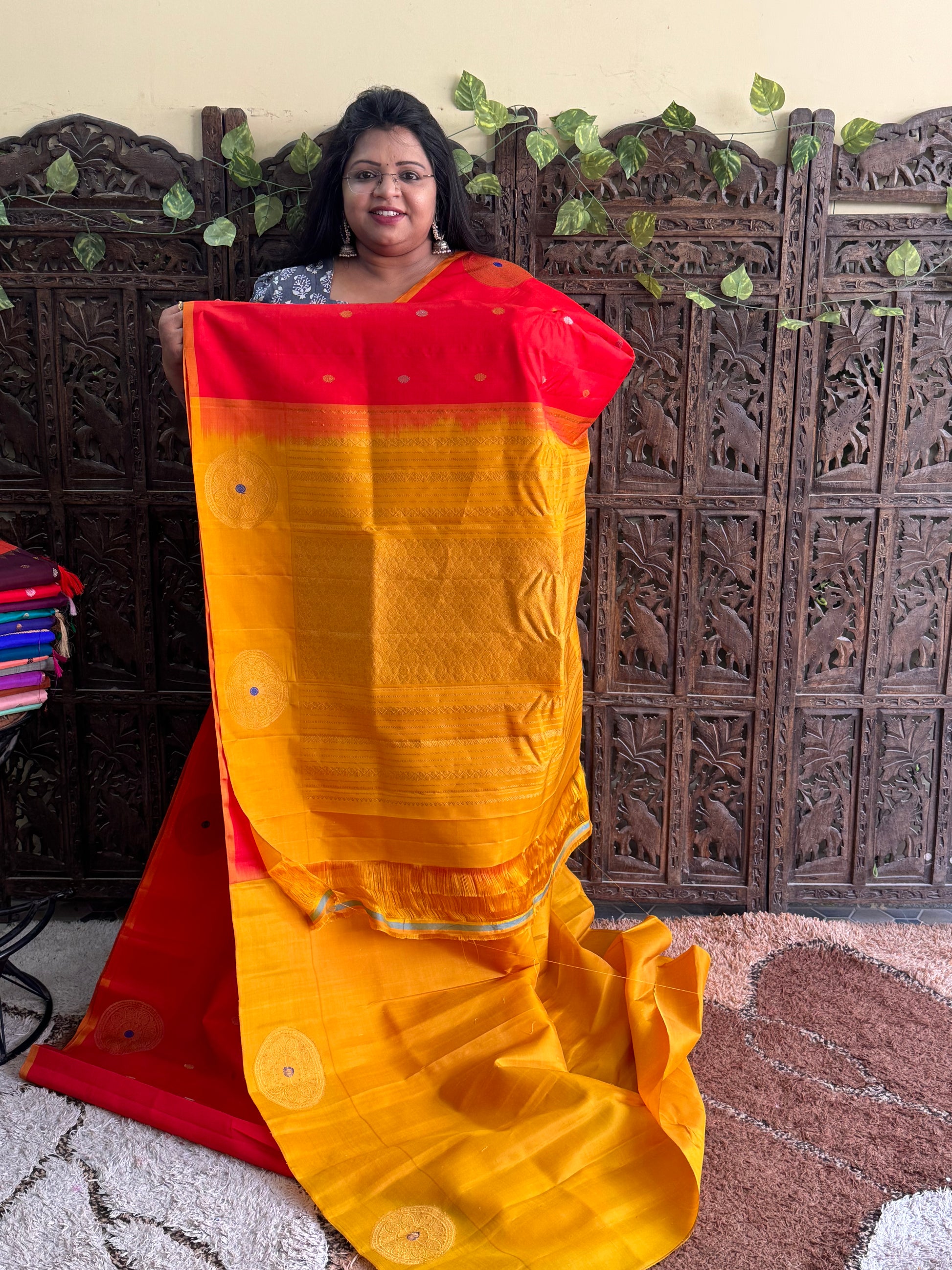 Red Gadwal Silk Saree with Gold Zari Border — Pure Handloom | Silk Mark Certified - Sampradaya Designer Studio