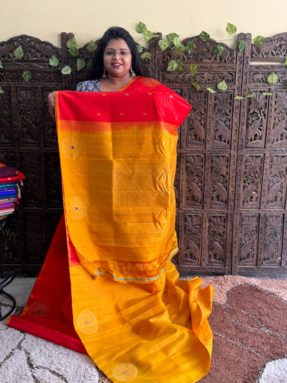 Red Gadwal Silk Saree with Gold Zari Border — Pure Handloom | Silk Mark Certified - Sampradaya Designer Studio