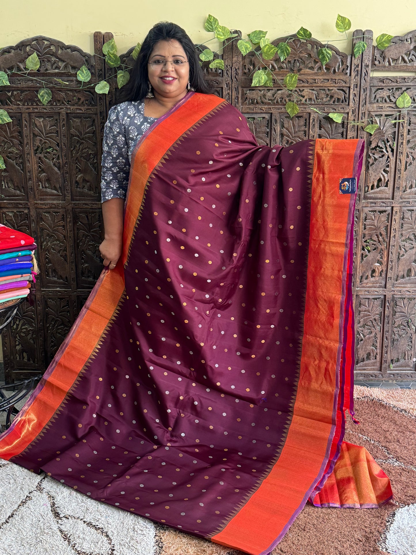 Brown Gadwal Silk Saree with Gold Zari Border — Pure Handloom | Silk Mark Certified
