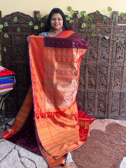 Brown Gadwal Silk Saree with Gold Zari Border — Pure Handloom | Silk Mark Certified