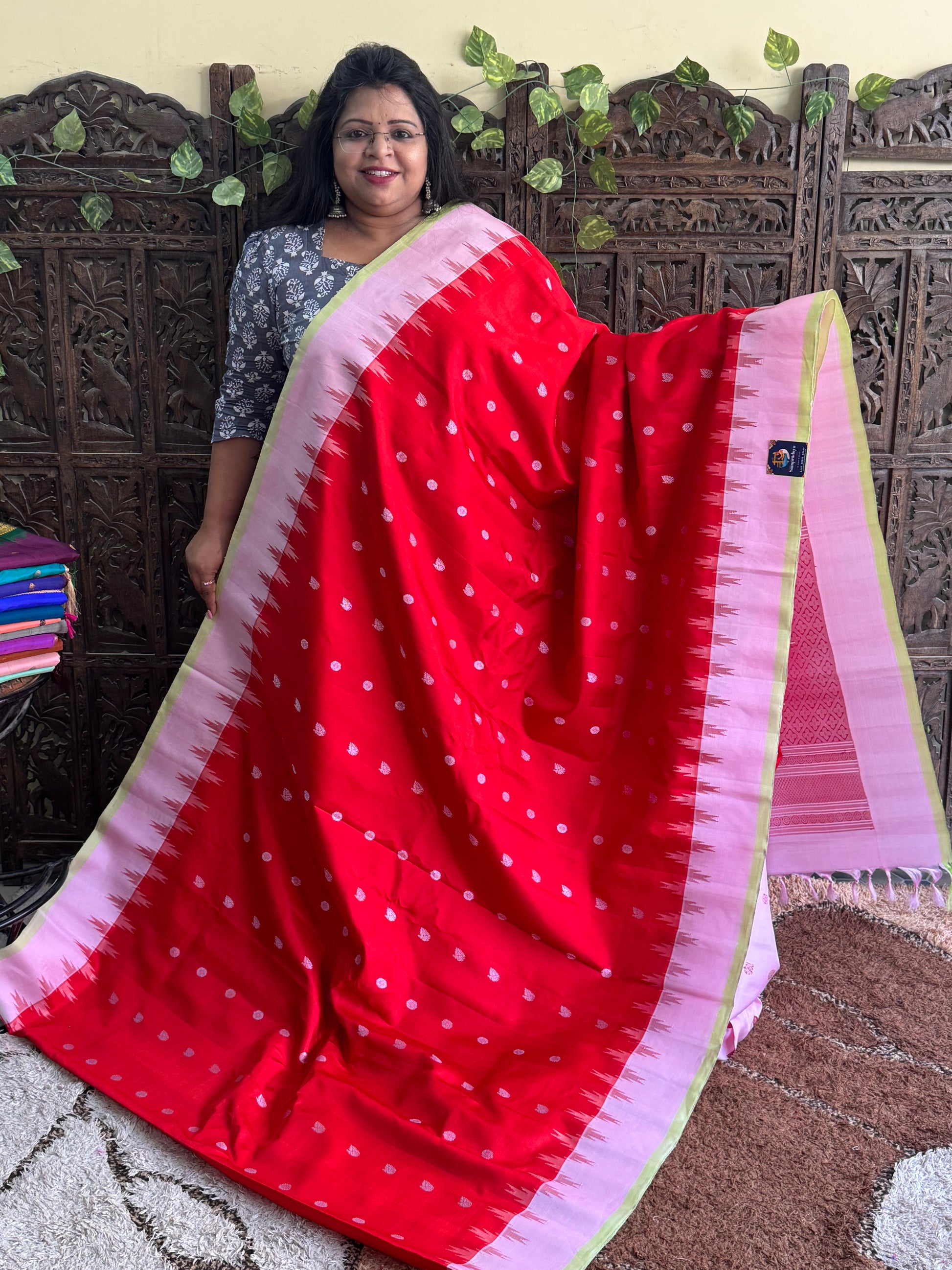 Red Gadwal Silk Saree with Gold Zari Border — Pure Handloom | Silk Mark Certified - Sampradaya Designer Studio