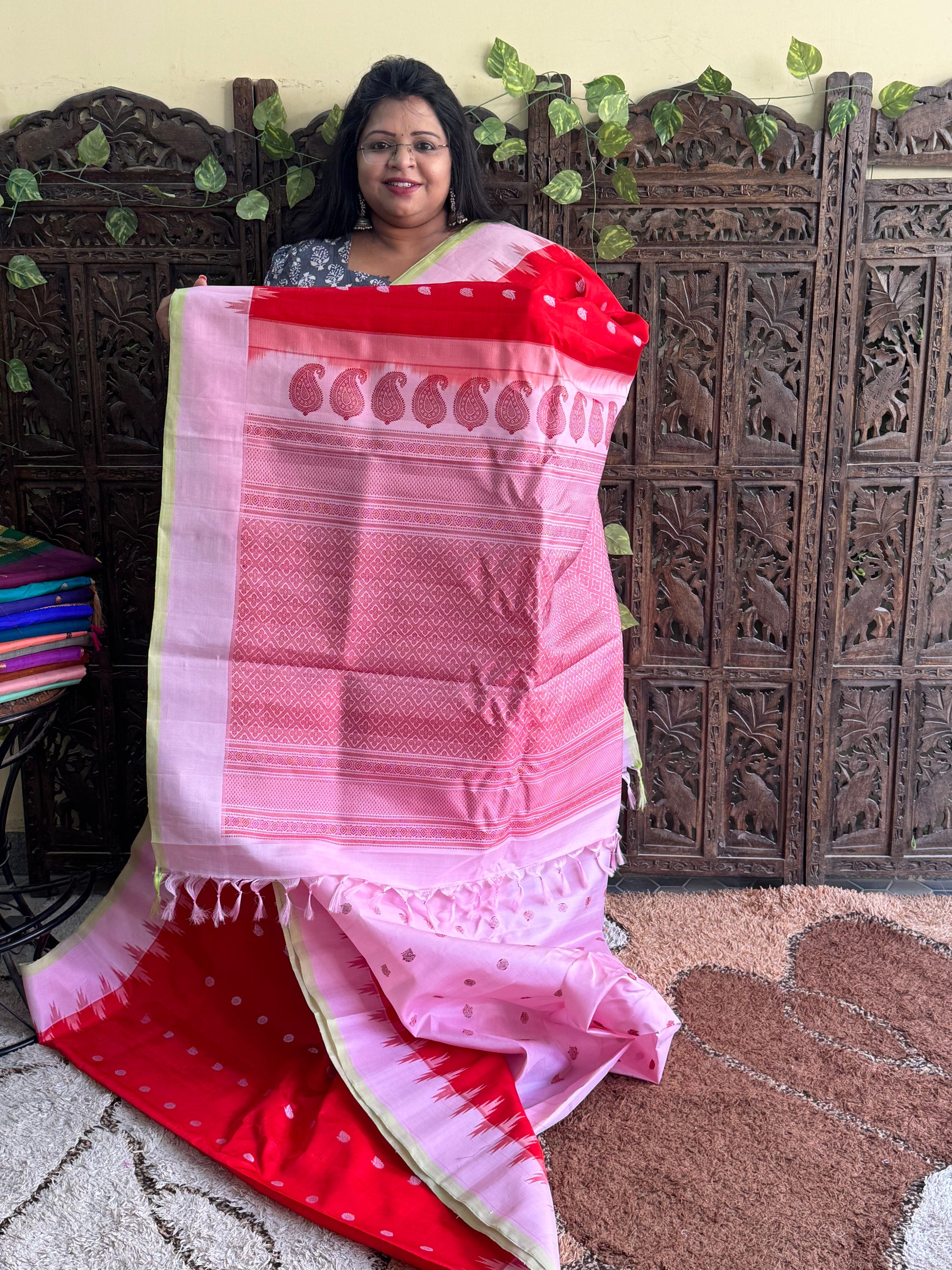 Red Gadwal Silk Saree with Gold Zari Border — Pure Handloom | Silk Mark Certified - Sampradaya Designer Studio