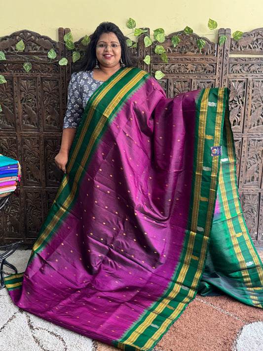 Purple Gadwal Silk Saree with Gold Zari Border — Pure Handloom | Silk Mark Certified