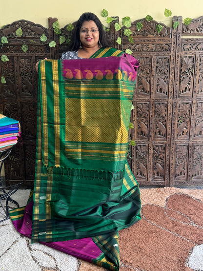 Purple Gadwal Silk Saree with Gold Zari Border — Pure Handloom | Silk Mark Certified