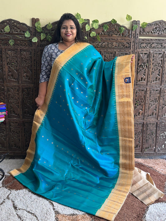 Peacock Blue Gadwal Silk Saree with Gold Zari Border — Pure Handloom | Silk Mark Certified