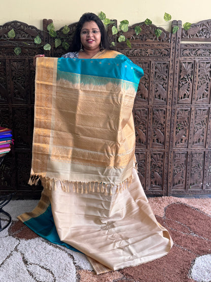 Peacock Blue Gadwal Silk Saree with Gold Zari Border — Pure Handloom | Silk Mark Certified