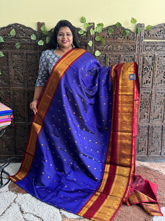 Navy Blue Gadwal Silk Saree with Gold Zari Border — Pure Handloom | Silk Mark Certified