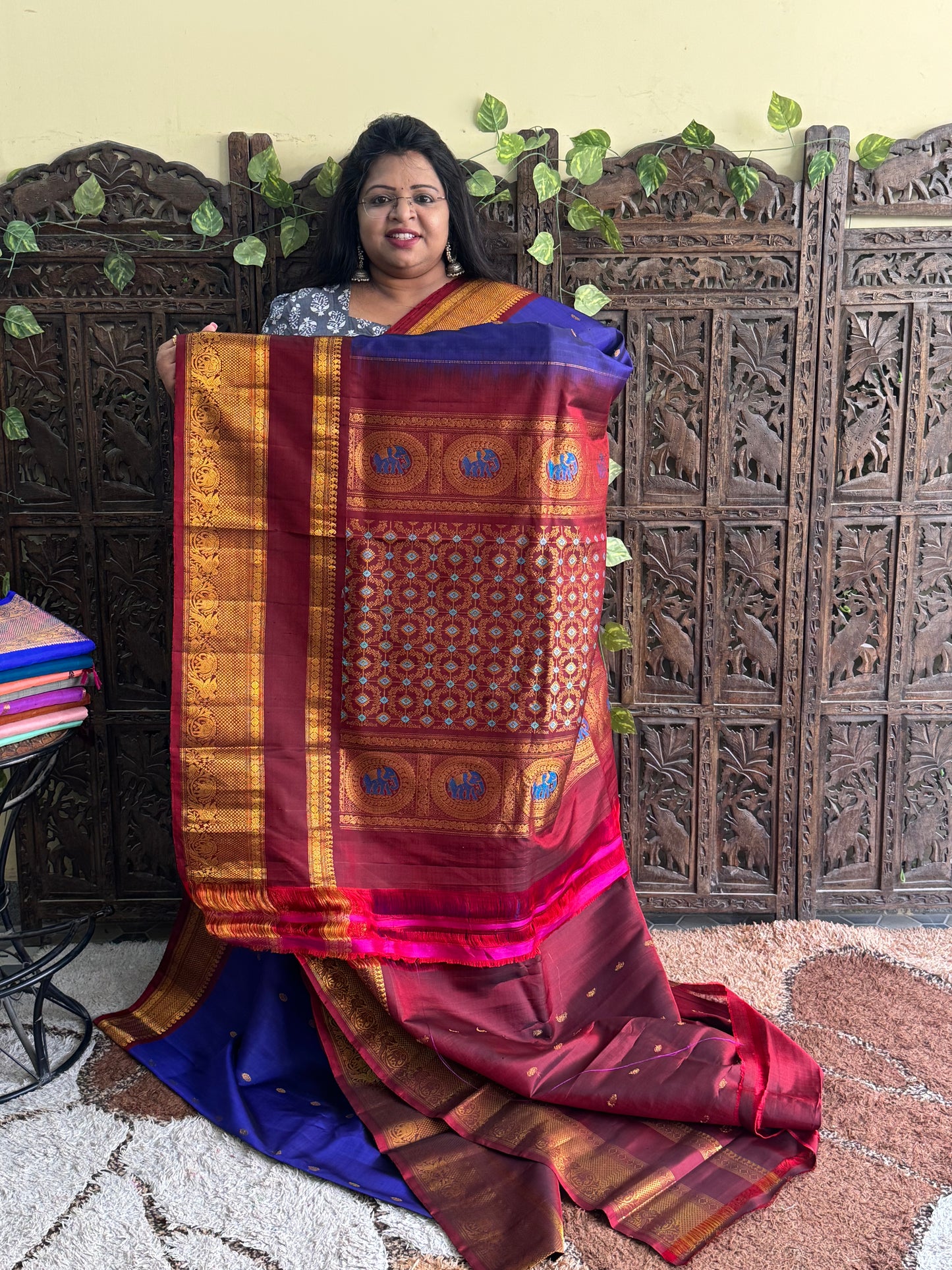 Navy Blue Gadwal Silk Saree with Gold Zari Border — Pure Handloom | Silk Mark Certified