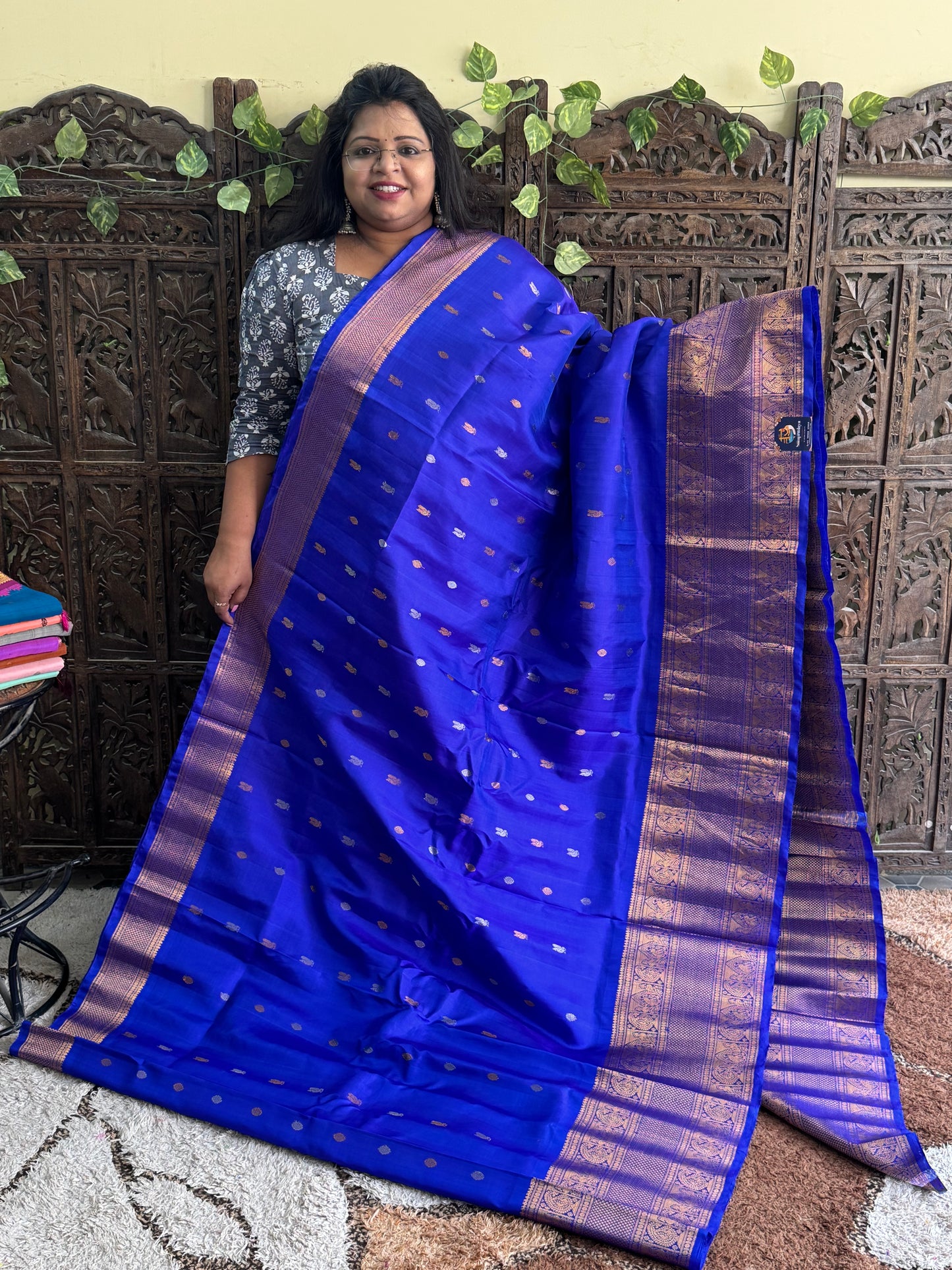 Blue Gadwal Silk Saree with Gold Zari Border — Pure Handloom | Silk Mark Certified