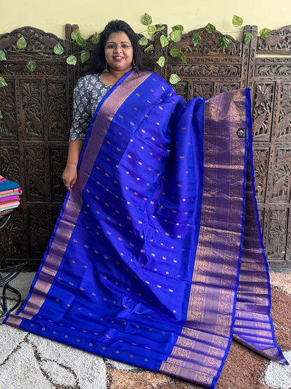 Blue Gadwal Silk Saree with Gold Zari Border — Pure Handloom | Silk Mark Certified