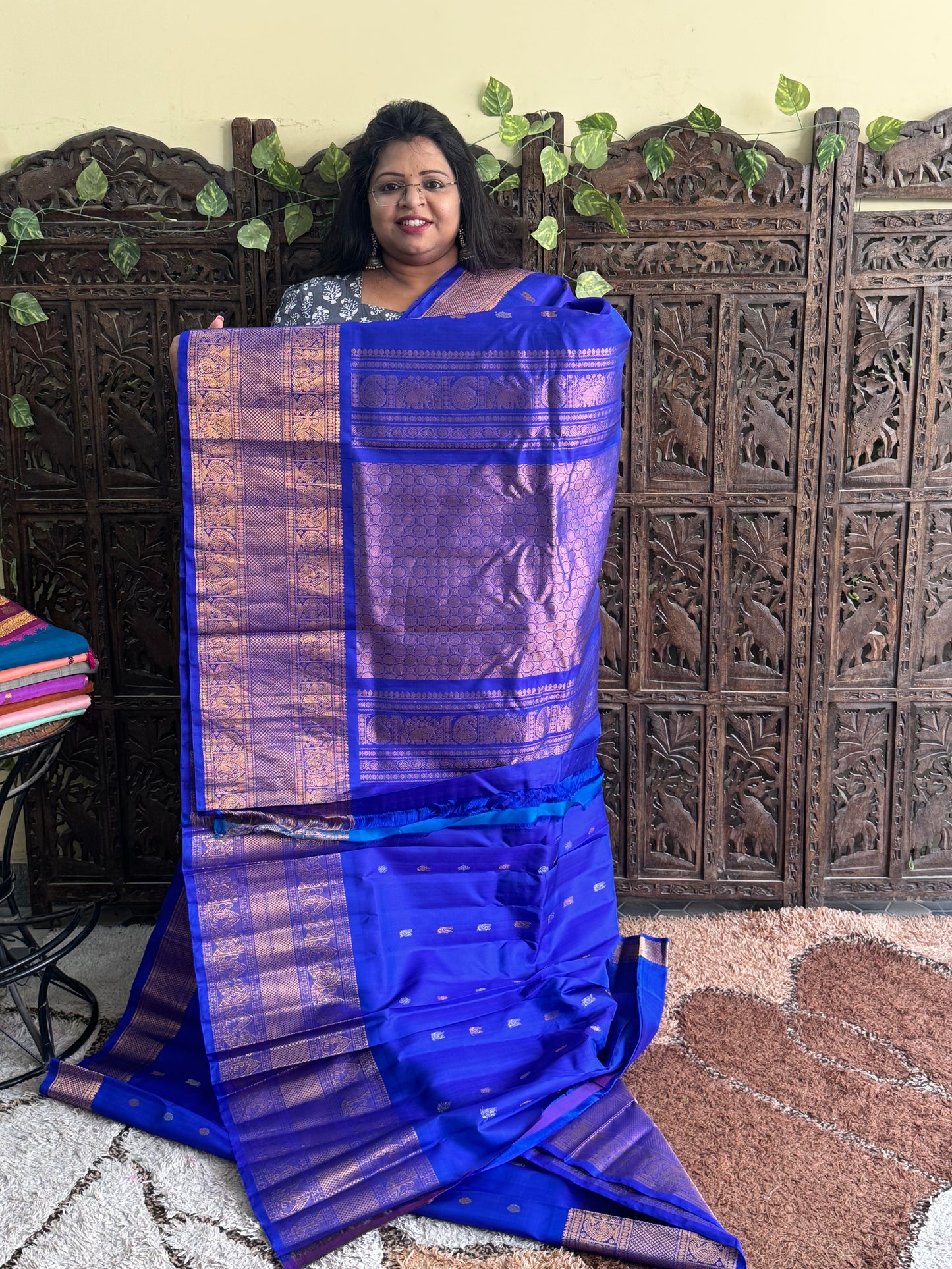 Blue Gadwal Silk Saree with Gold Zari Border — Pure Handloom | Silk Mark Certified