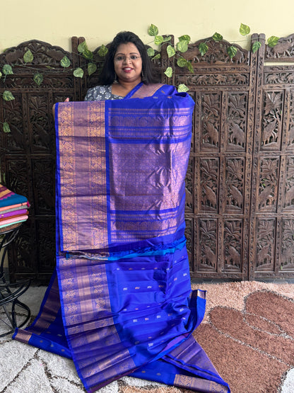 Blue Gadwal Silk Saree with Gold Zari Border — Pure Handloom | Silk Mark Certified