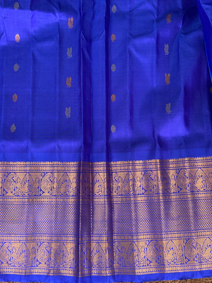Blue Gadwal Silk Saree with Gold Zari Border — Pure Handloom | Silk Mark Certified